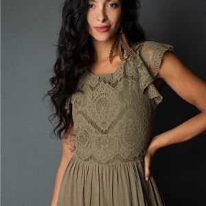 Joyfolie Olive Green Lace Dress